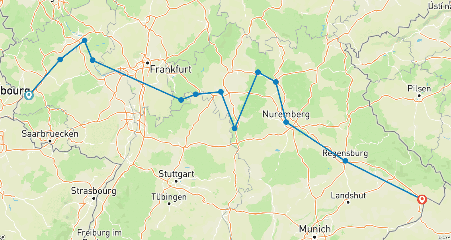 Mapa do percurso de Paisagens Fluviais Alemãs de Trier a Passau (Trier - Passau) (13 destinos)