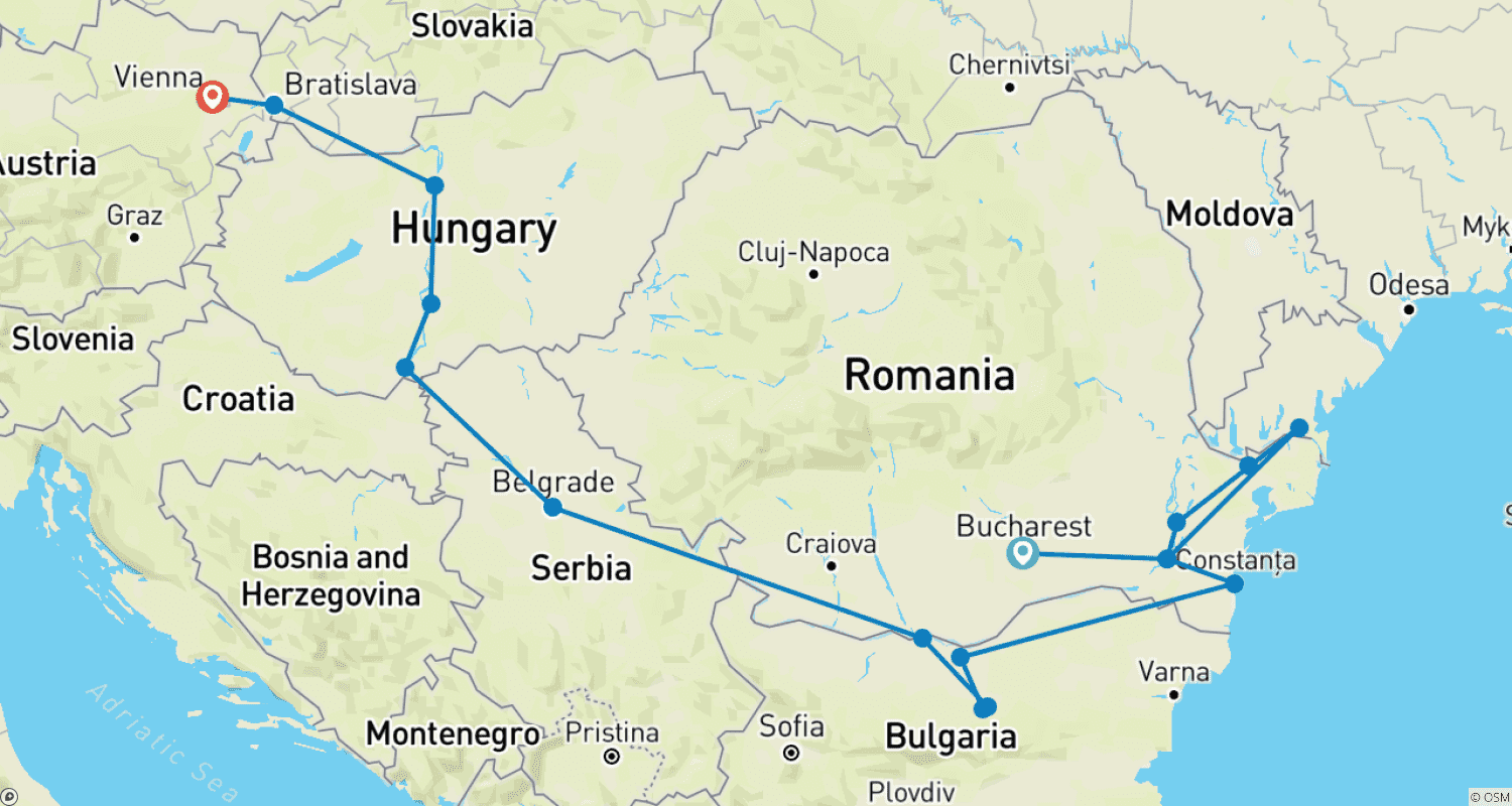 美しき青きドナウ川を行く1,200 Miles（ブカレスト - ウィーン）（11都市）のルートマップ
