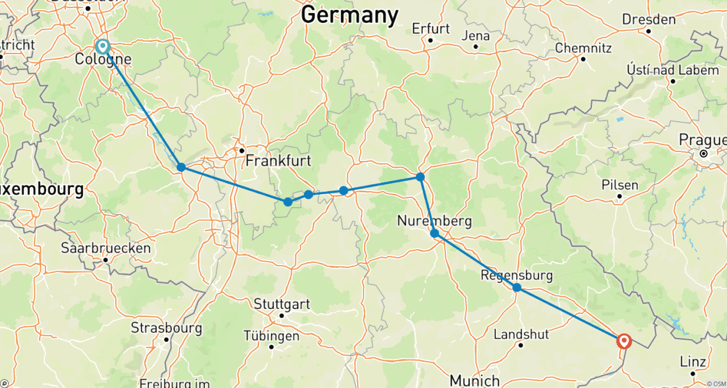 Mapa trasy: Rhine & Danube Symphony (Cologne - Passau) (9 destinations)
