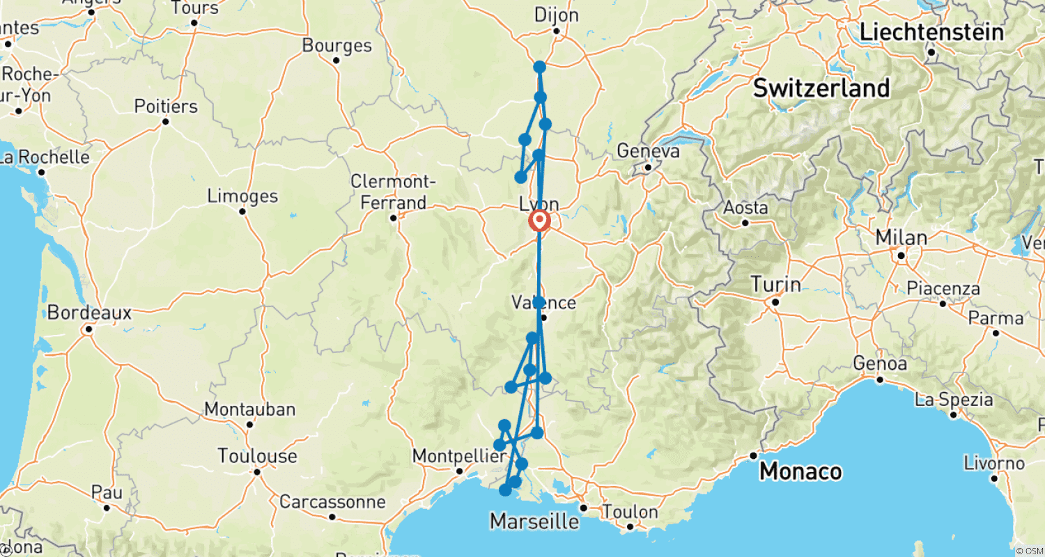 خريطة مسار كنوز بورغوندي وبروفانس: الرون وال سون (Lyon - Lyon)