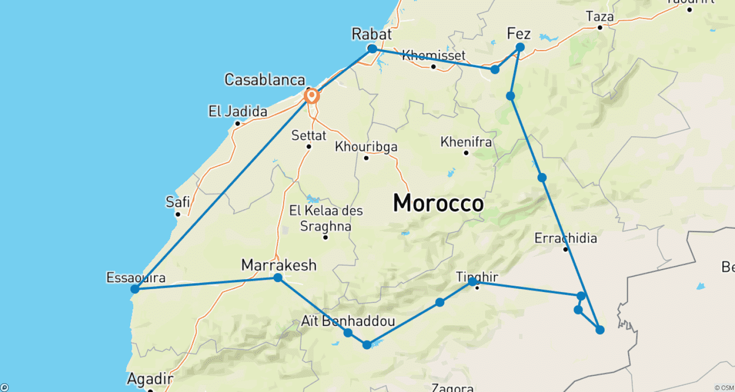 Morocco Adventure 9 Days From Casablancaのルートマップ