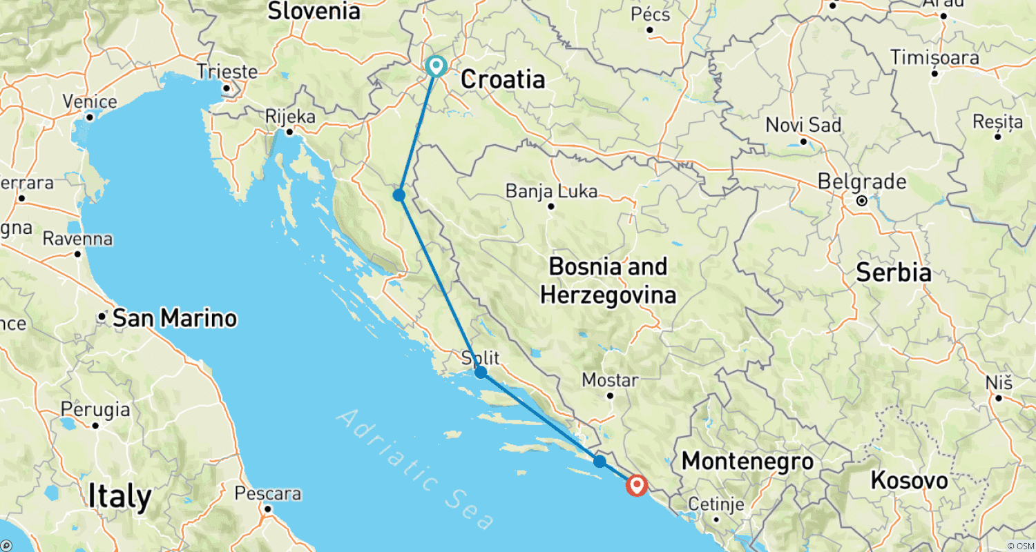 خريطة مسار 8-Day Zagreb - Dubrovnik Journey Through Croatia