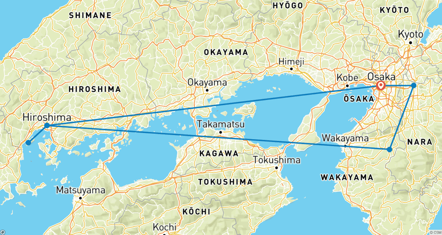 Mapa trasy: Osaka & Hiroshima Adventure - 6 days