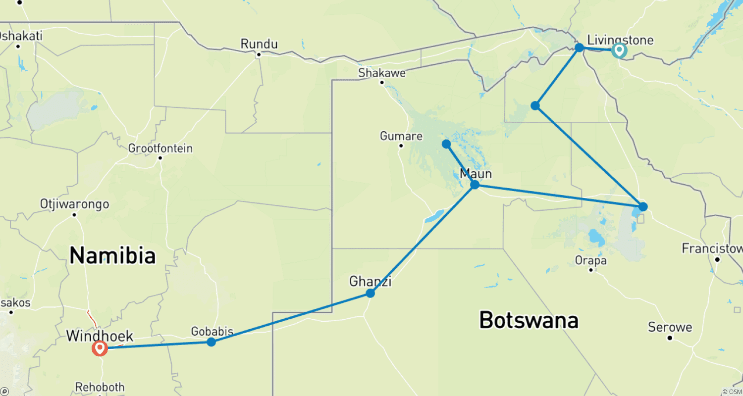 Mapa trasy: Chobe & Okavango Discovery - 8 days