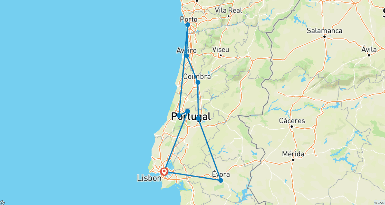 Mapa trasy: 8-dniowa Wciągająca Wycieczka Premium w Małej Grupie po Portugalii