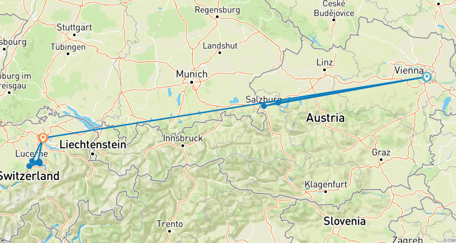 Mapa trasy: 7-dniowy Wiedeń i Zurych pociągiem