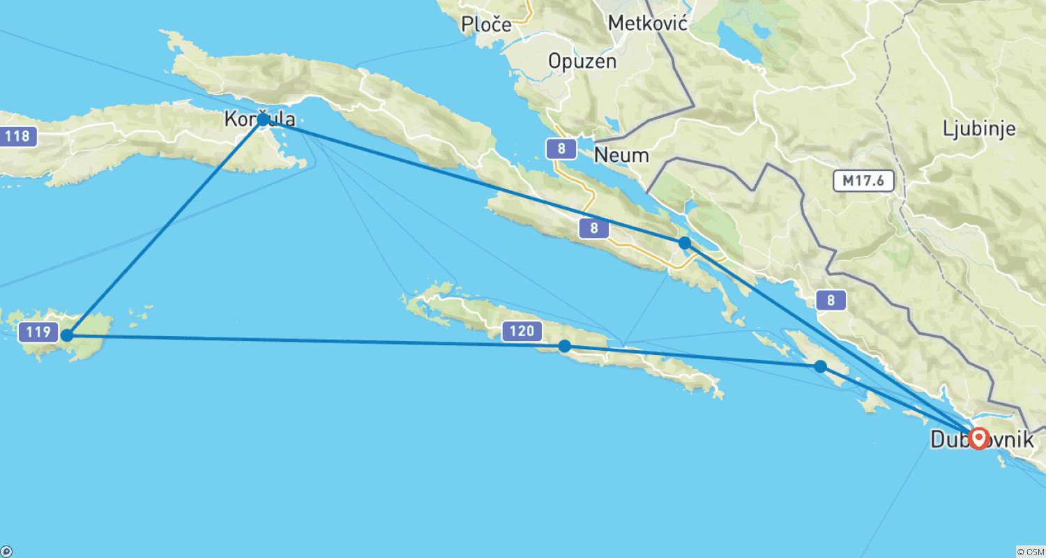 Mapa do percurso de Sailing Croatia Catamaran Cruise: Dubrovnik, Ston, Korcula Mljet, Lastovo and islands