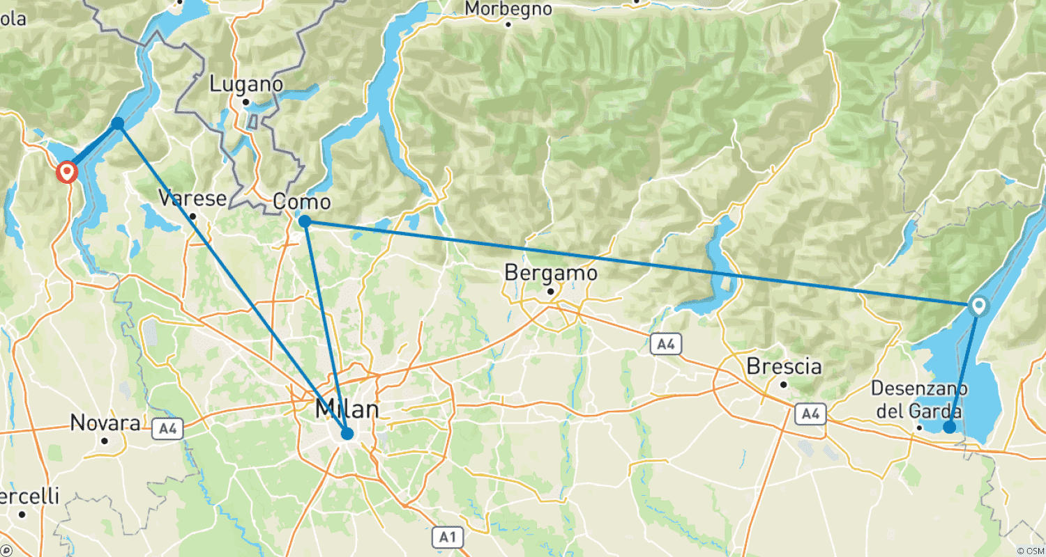 Mapa do percurso de Golfe Espetacular e Maravilhas Cênicas dos Lagos da Itália 10 Dias/9 Noites