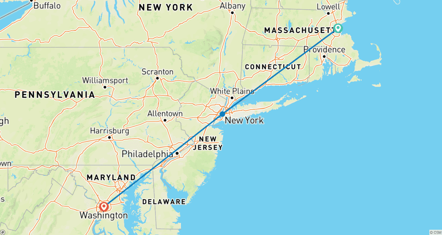 Mapa do percurso de 6-Day USA East Coast: Boston, New York, Philadelphia and Washington D.C.