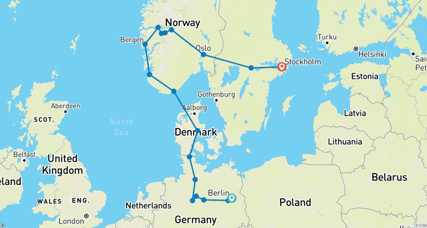 خريطة مسار Northern Germany and Scandinavia, Ending in Stockholm