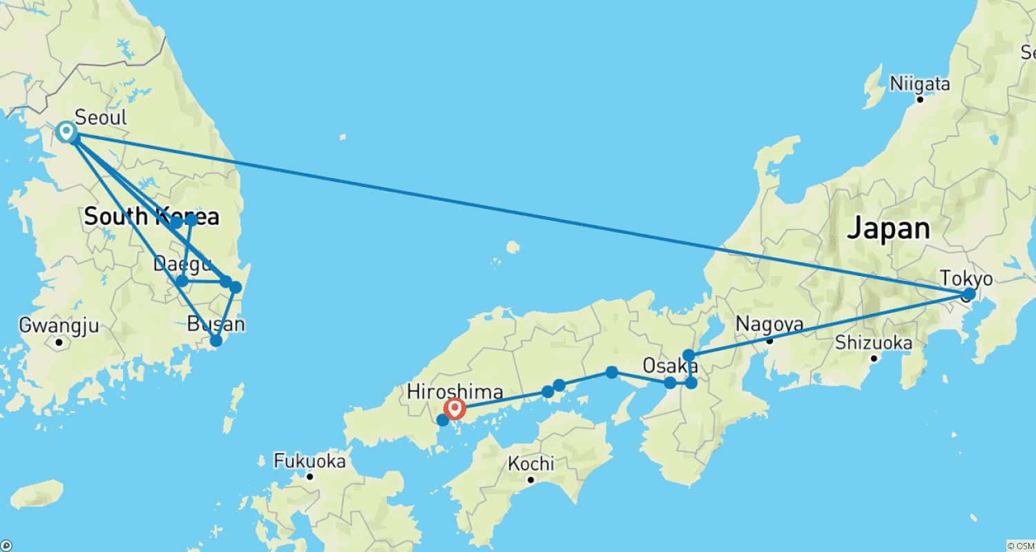 Mapa trasy: Cuda Korei i Japonii z Hiroszimą