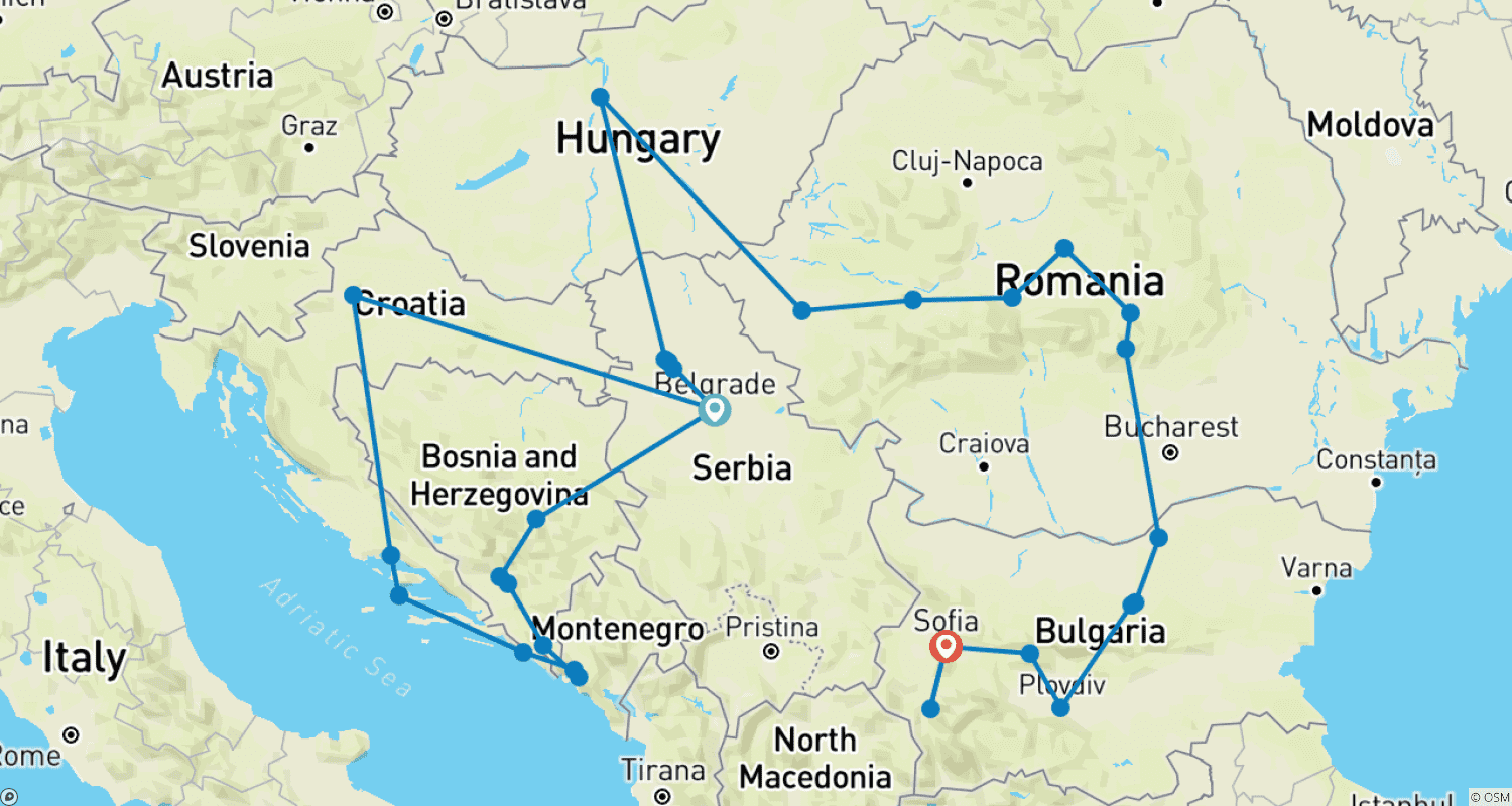 Mapa do percurso de Grande Viagem pelos Balcãs: 7 Países - 21 Dias