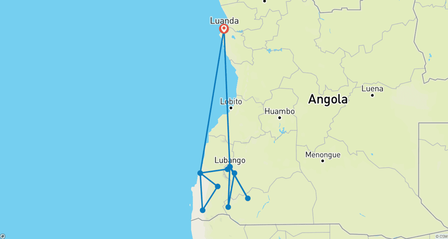 خريطة مسار Cultural and Tribal Expedition Across Southern Angola 12 Days/11 Nights