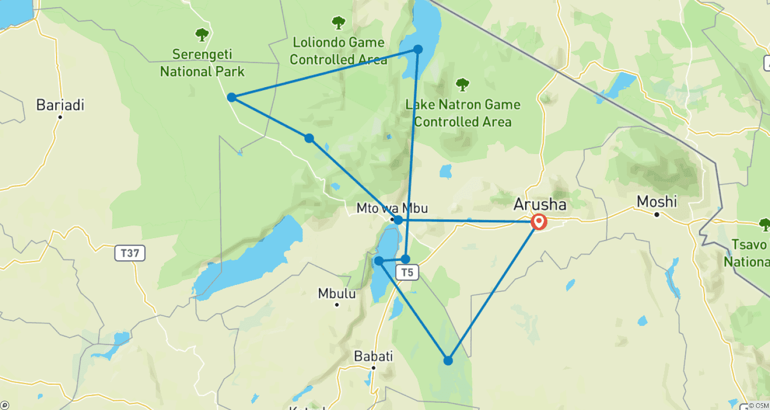 9-Day Serengeti Wildebeest Migration Safari Experienceのルートマップ
