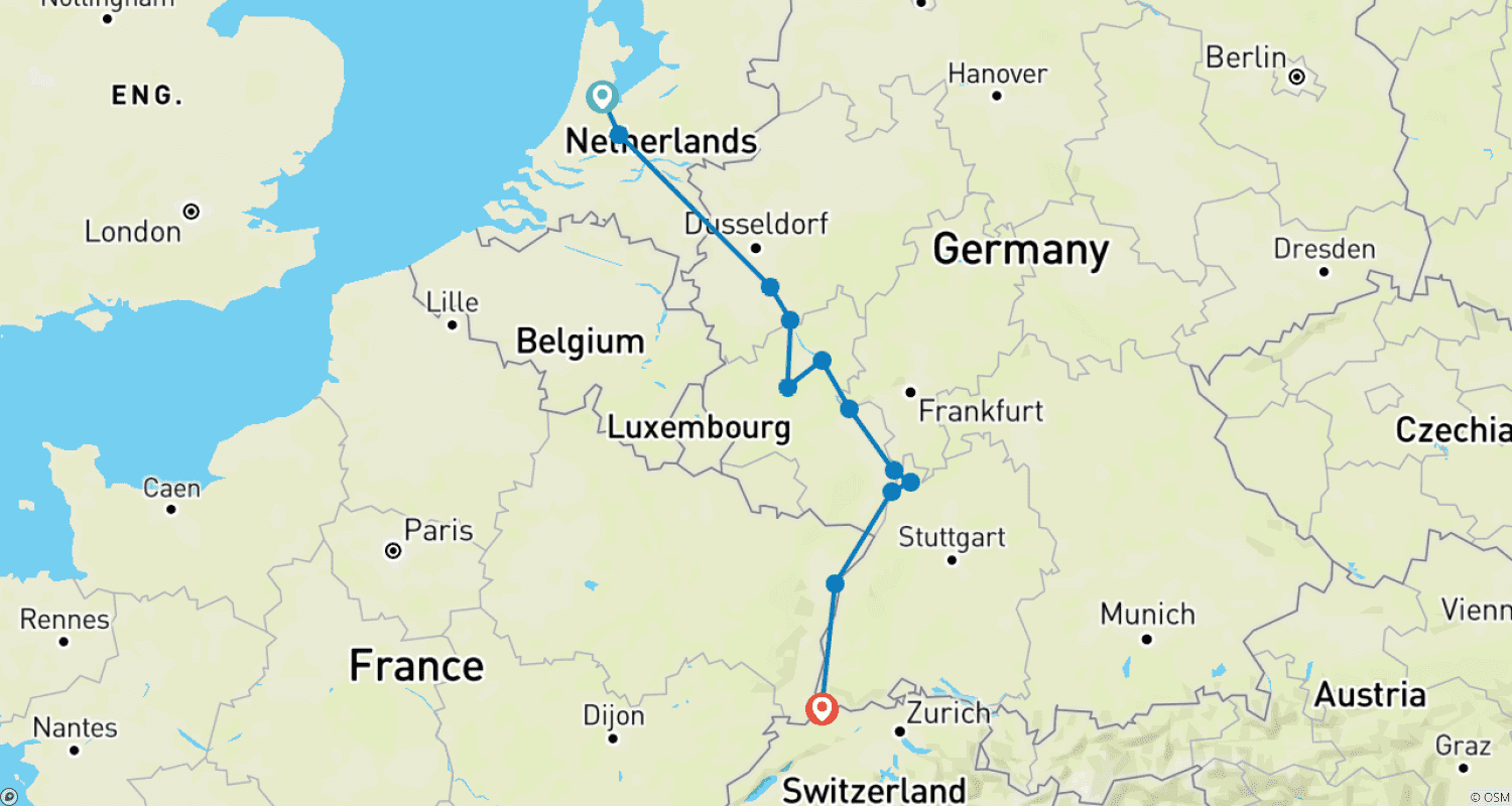 Mapa do percurso de Cruzeiro Clássico pelo Reno (Amsterdã - Basileia) (12 destinos)