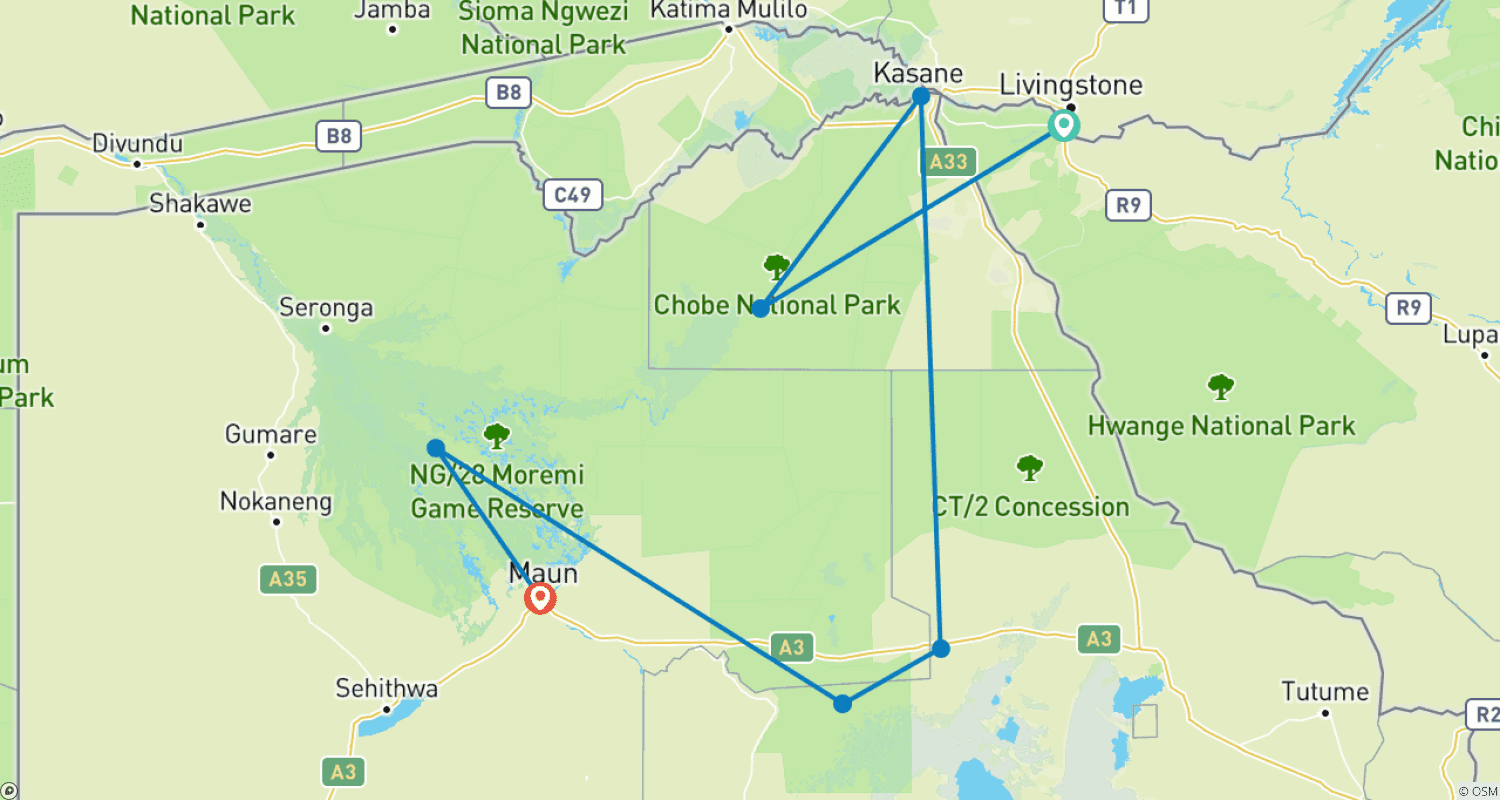 Mapa do percurso de Victoria Falls and Botswana 35 to 45 (35 To 45)