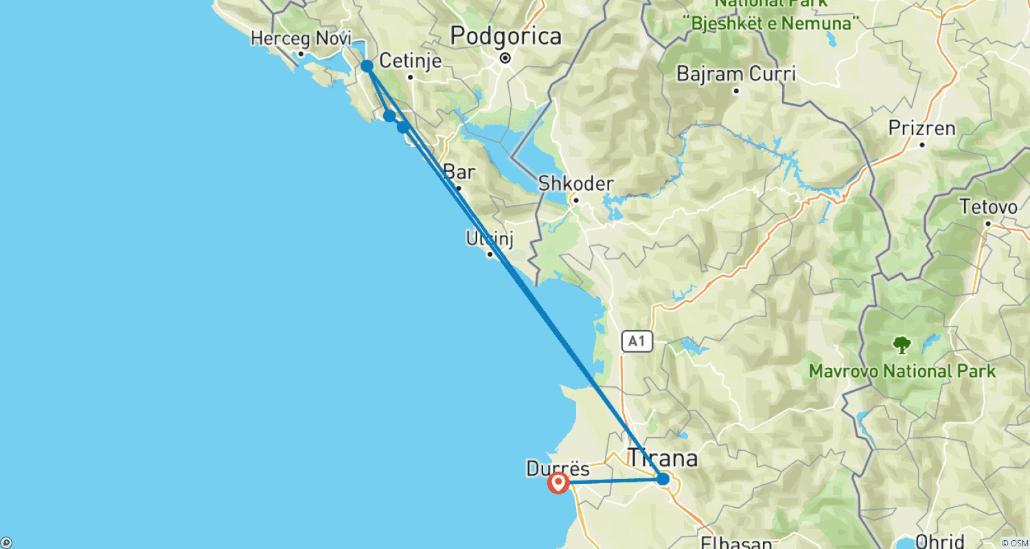 Mapa do percurso de De Tirana/Durres/Golem para Montenegro: Excursão de um dia a Budva e Kotor