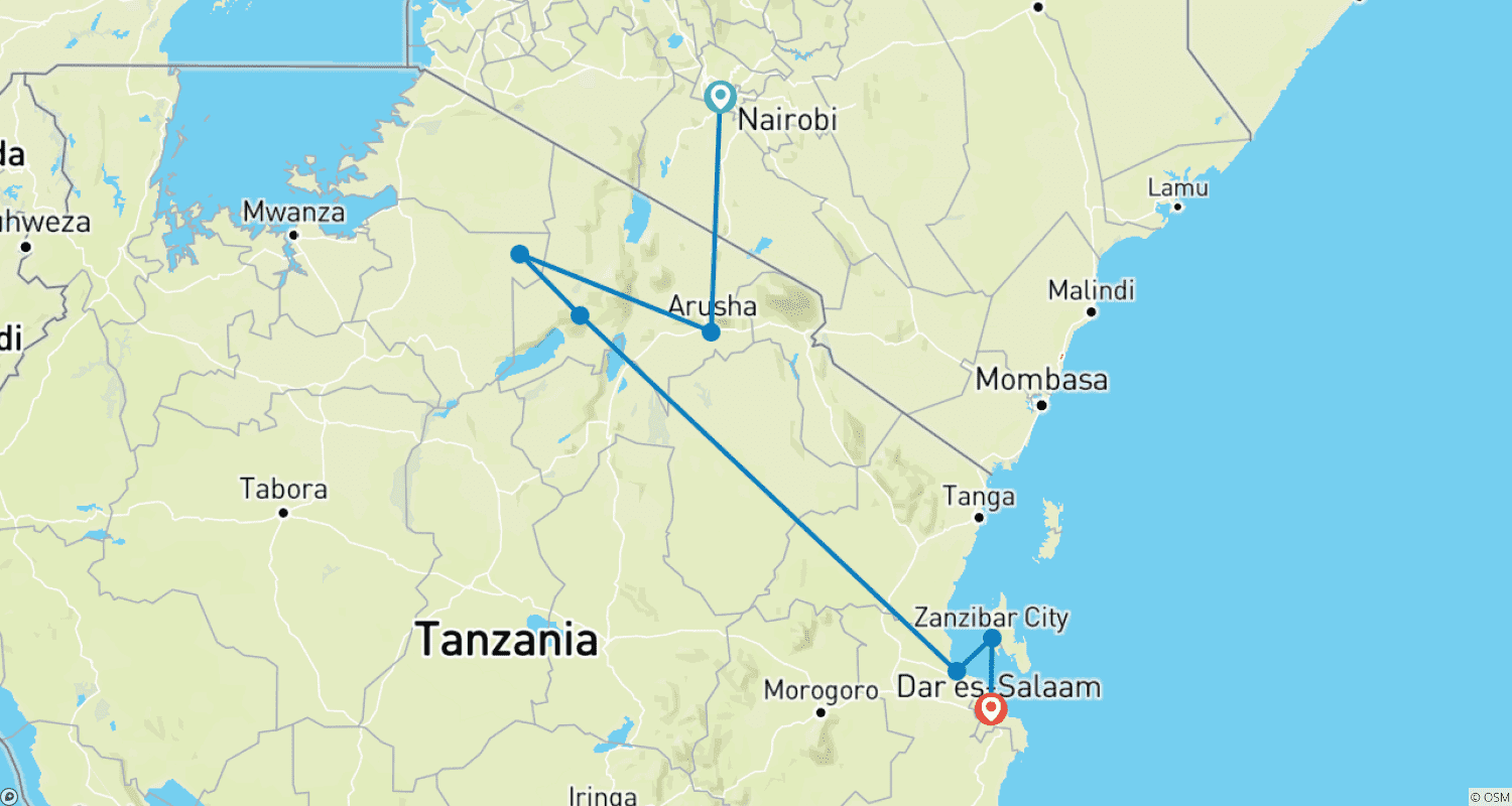 Tanzania & Zanzibar (Accommodated) - 10 daysのルートマップ