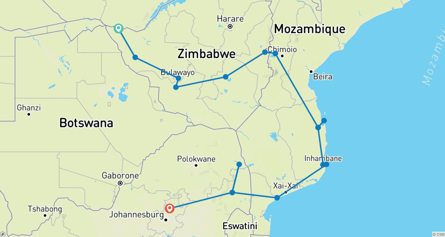 Zimbabwe & Mozambique Discovery - 14 Daysのルートマップ