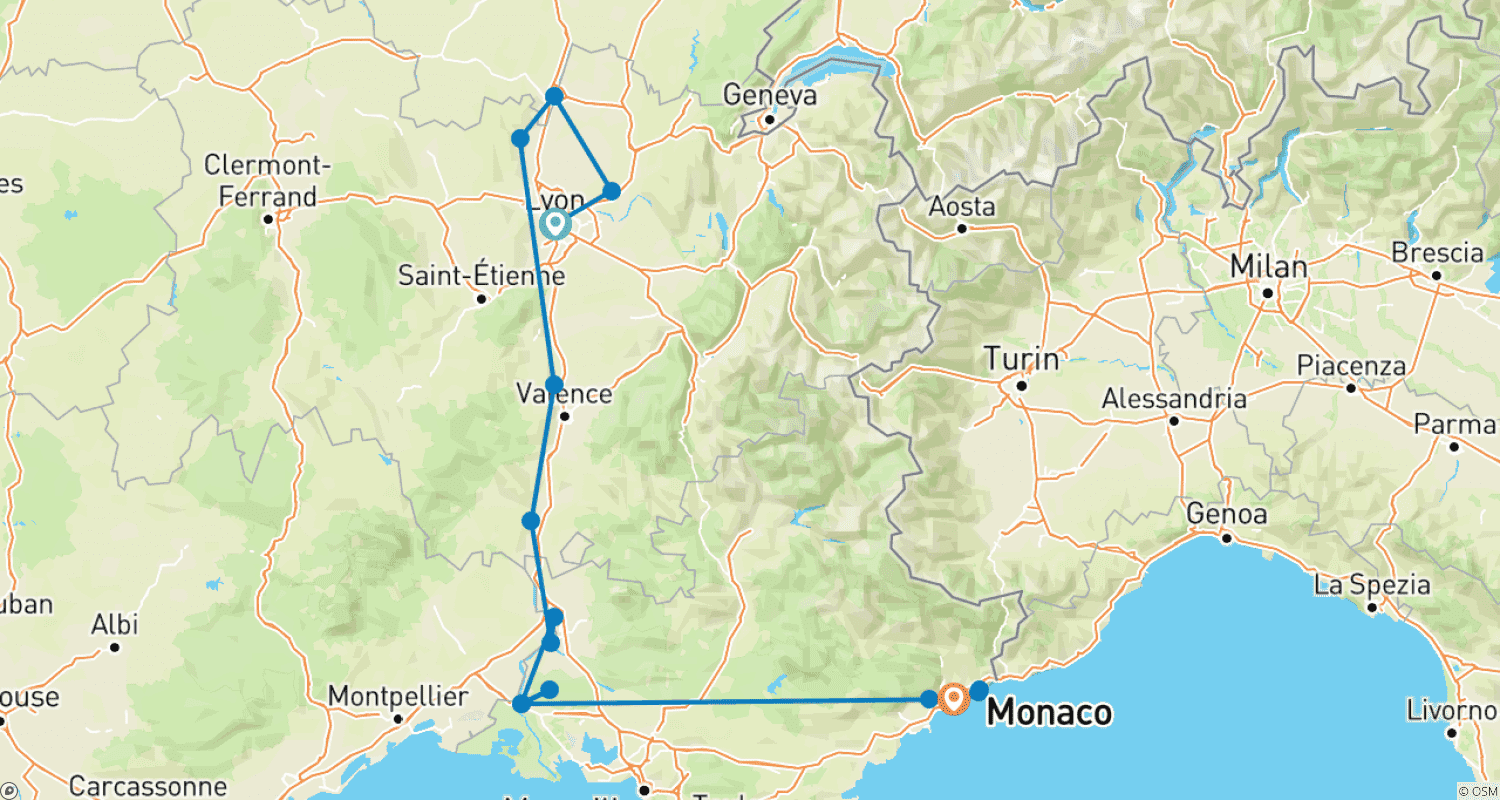 Mapa trasy: Uroki Lyonu, Prowansji i Nicei 2026|2027 - 11 Dni (17 miejsc docelowych)