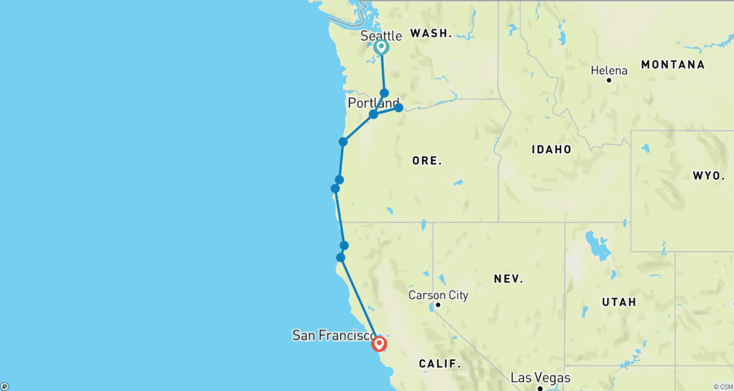 Mapa do percurso de Noroeste do Pacífico e Califórnia, incluindo Washington, Oregon e Califórnia (Seattle, WA a São Francisco, CA) (2026)