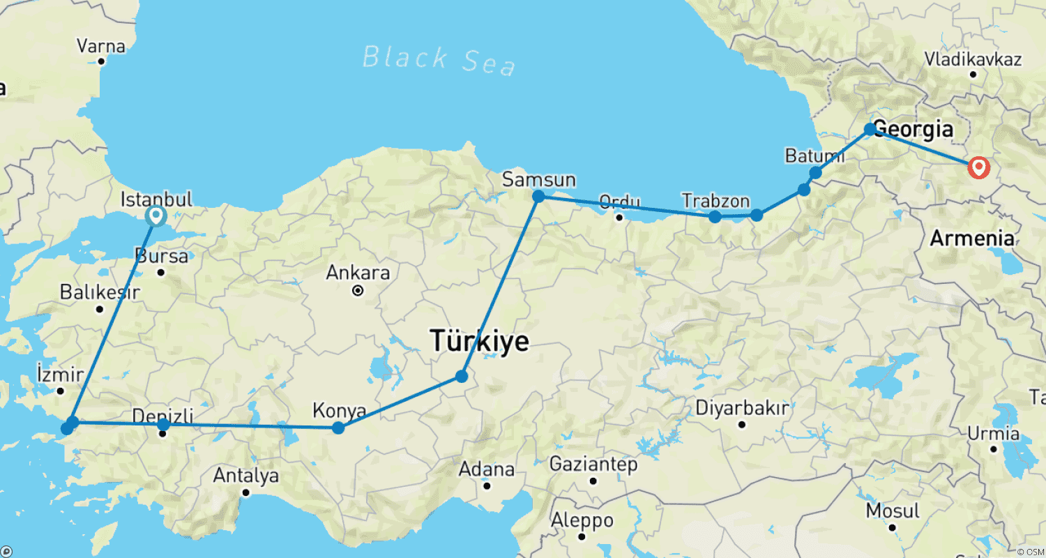 Mapa do percurso de 14-Day Private, Premium 2-Country Tour: TURKEY & GEORGIA | A Grand Passage Through Sultans & Sovereigns | VIP Road Trip | by ANGELS VACATIONS