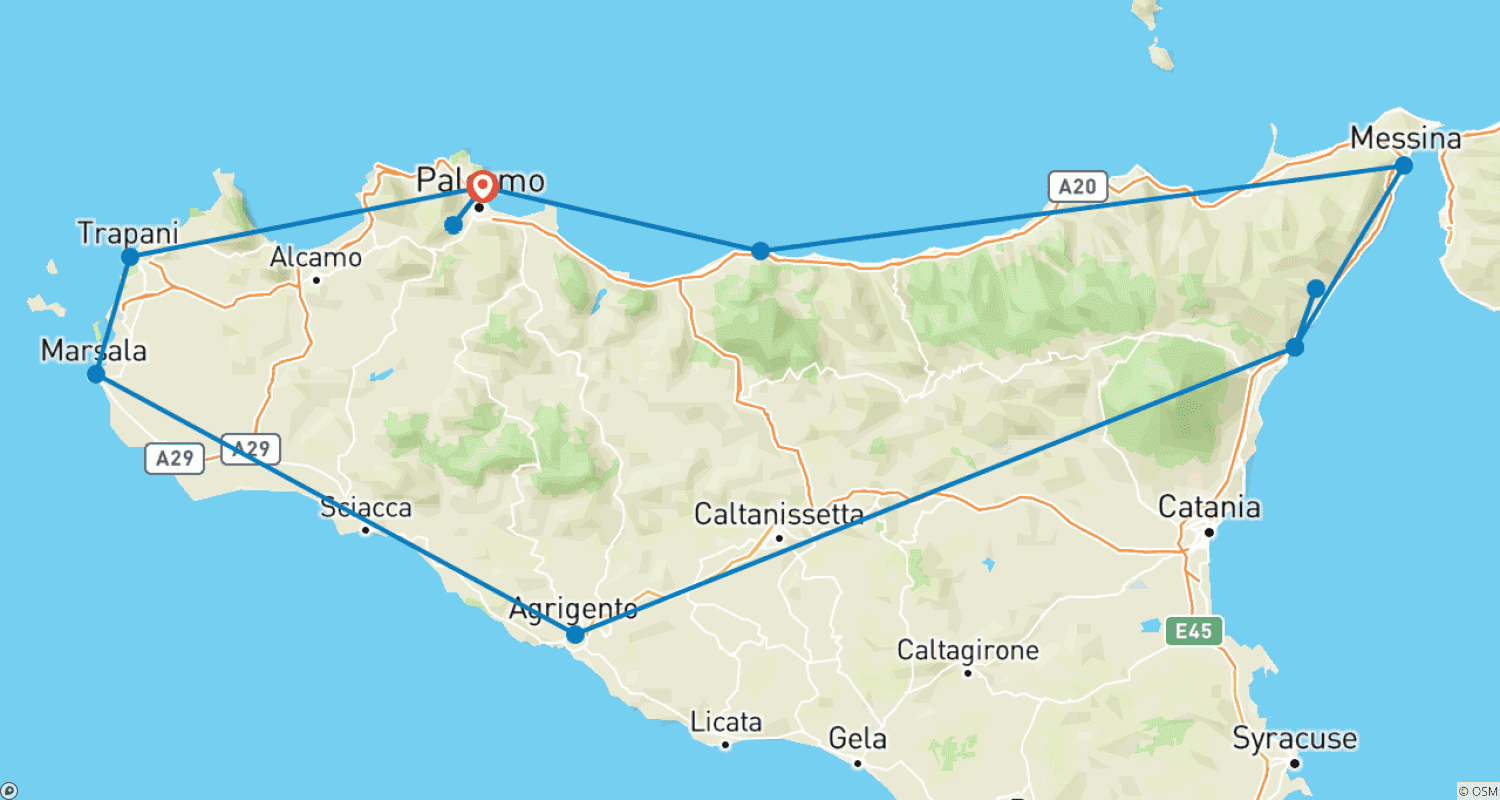 Classic Sicily - 8 Days/7 Nights (12 destinations)のルートマップ