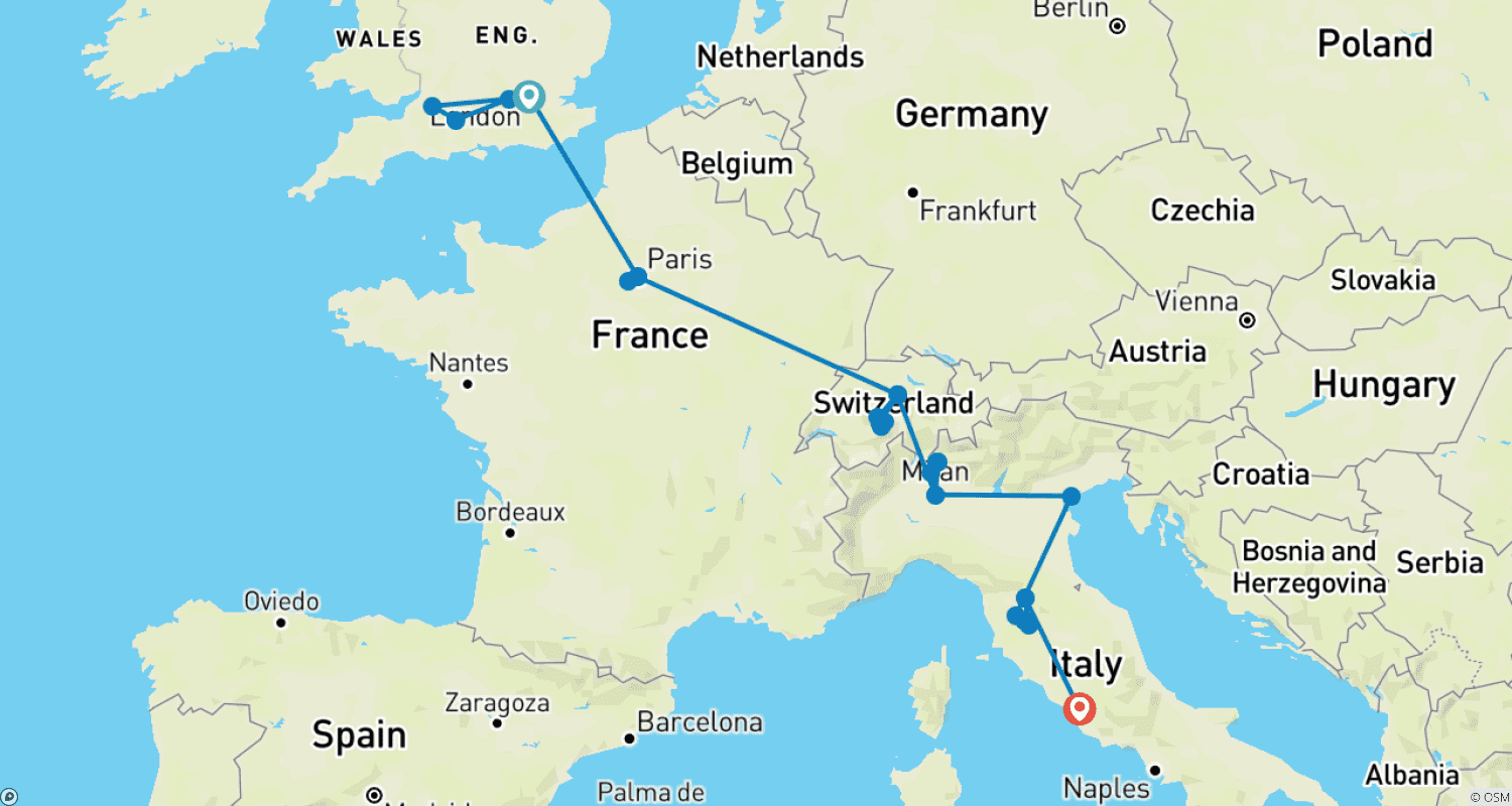Wonders of Europe: A 17-Day Grand Tour from London to Romeのルートマップ