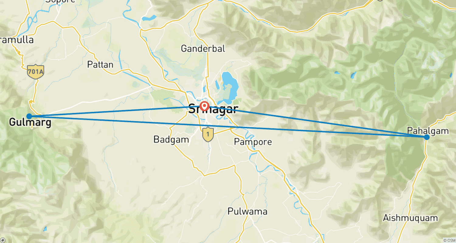 Mapa do percurso de Incrível Tour por Caxemira, Índia - O Paraíso na Terra