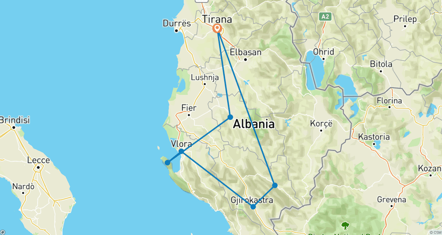 Mapa do percurso de Albânia Atemporal, Tour de 5 Dias: 3 Sítios UNESCO e Riviera Albanesa