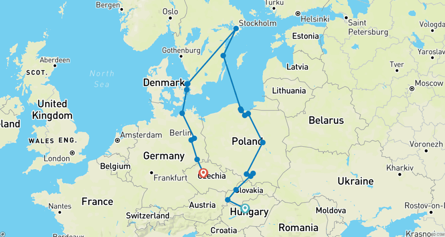Mapa trasy: Węgry, Polska i Skandynawia: Zakończenie w Pradze