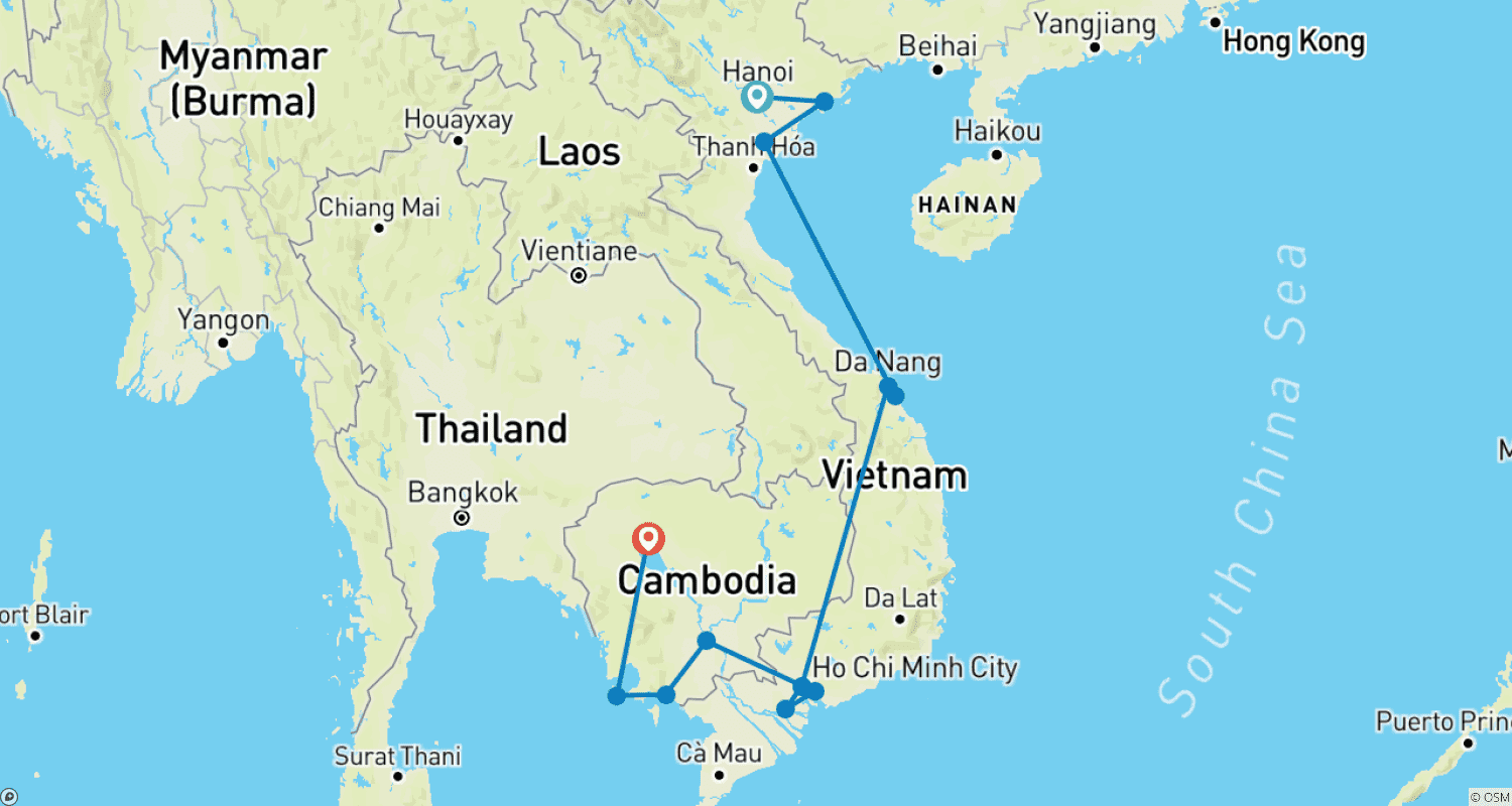 Hanoi to Siem Reap Adventure - 21 daysのルートマップ