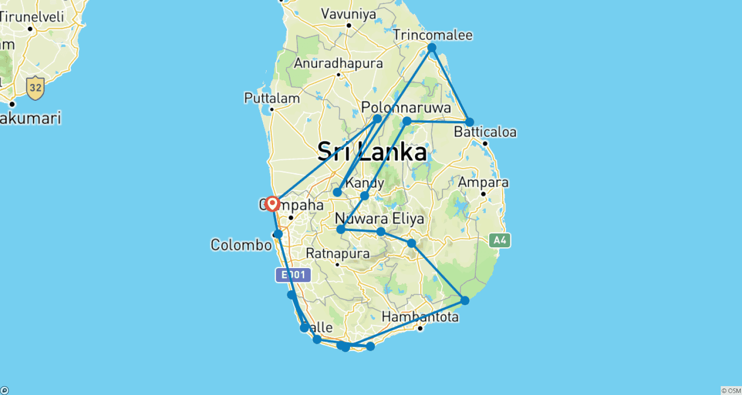 Mapa do percurso de Exploração Requintada do Sri Lanka
