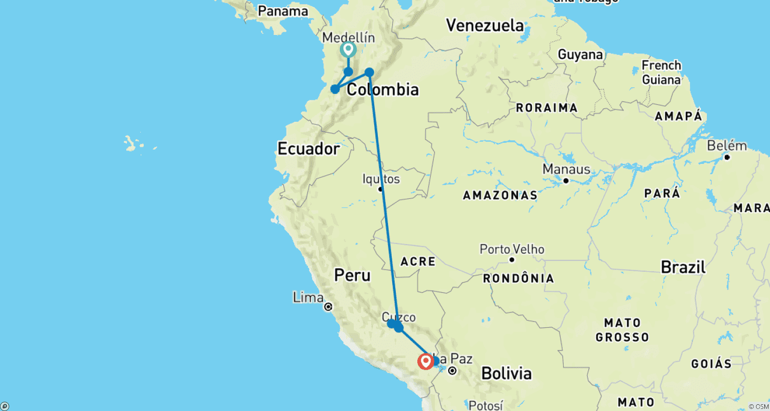 Mapa do percurso de 15-Day Colombia & Peru Tour: Medellín to Puno with Inca Trail
