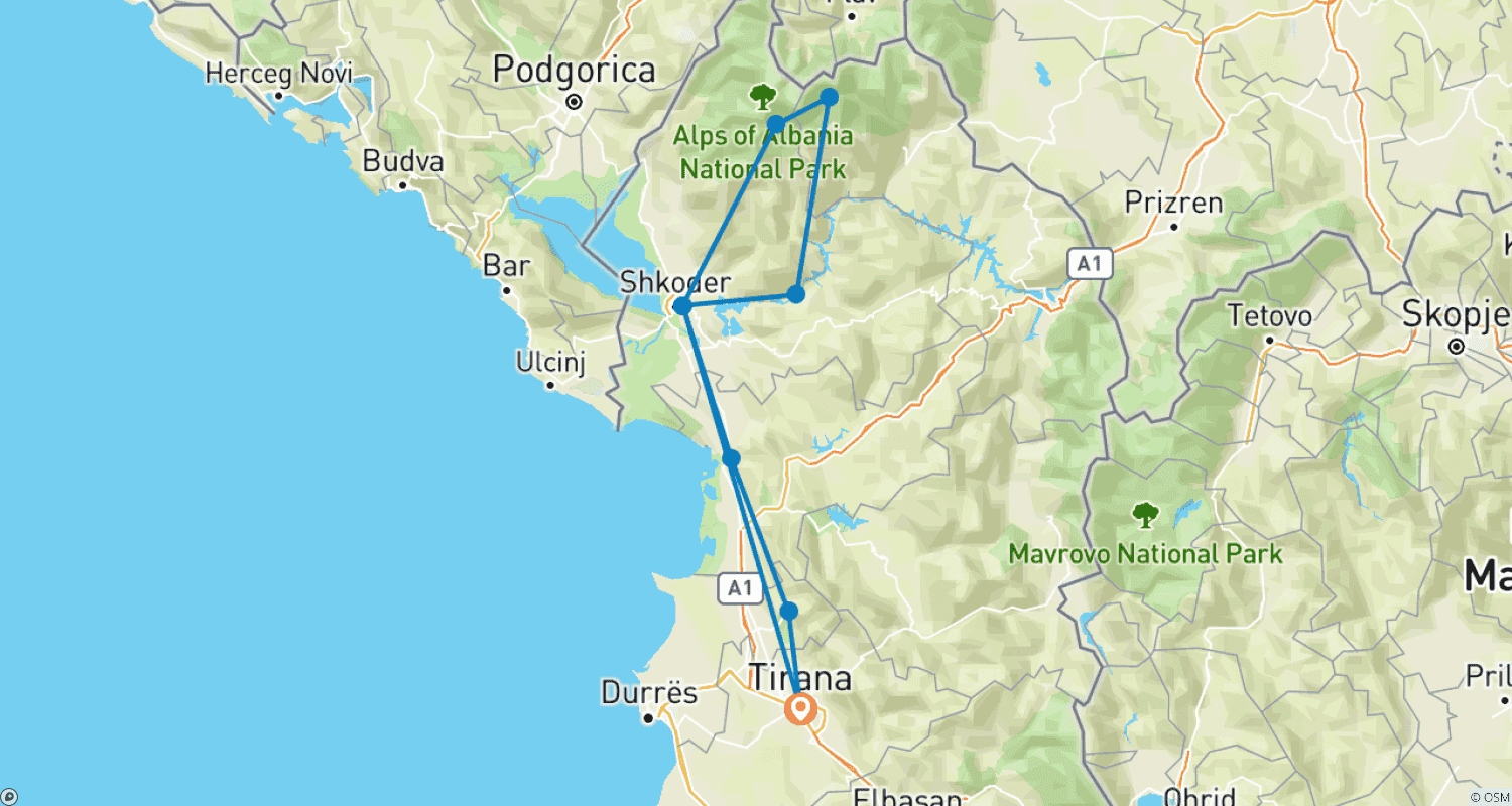 Mapa do percurso de 5 Days  Hiking Tour to Valbona and Thethi
