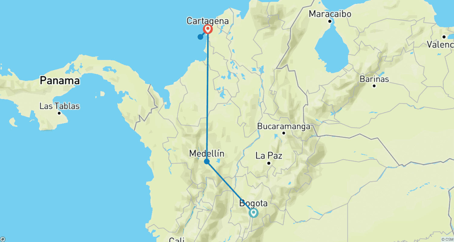 Mapa do percurso de Bogotá, Medellín e Cartagena - 8 dias