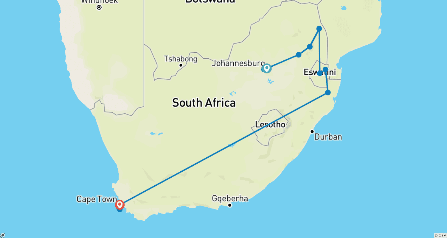 Mapa do percurso de South Africa Adventure - 12 days