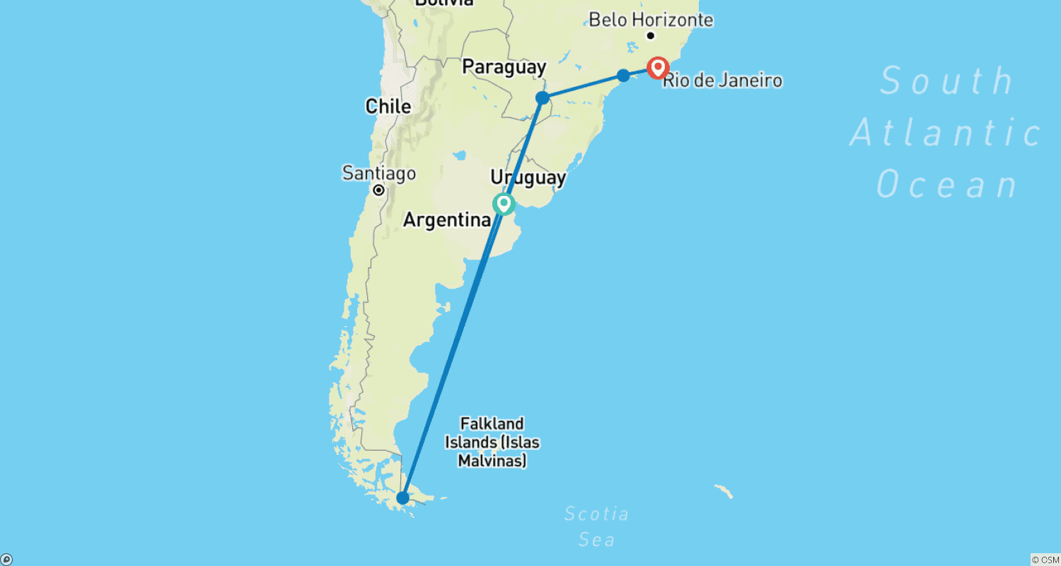 خريطة مسار مغامرة 13 يومًا في البرازيل والأرجنتين: Buenos Aires، باتاغونيا، شلالات Iguazú، São Paulo وRio