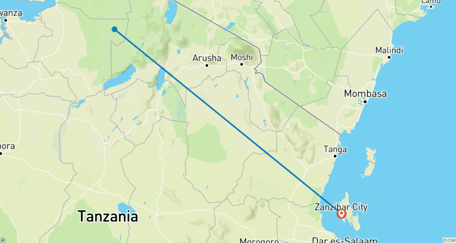 5 Days Affordable Annual Wildebeest Migration from Zanzibarのルートマップ