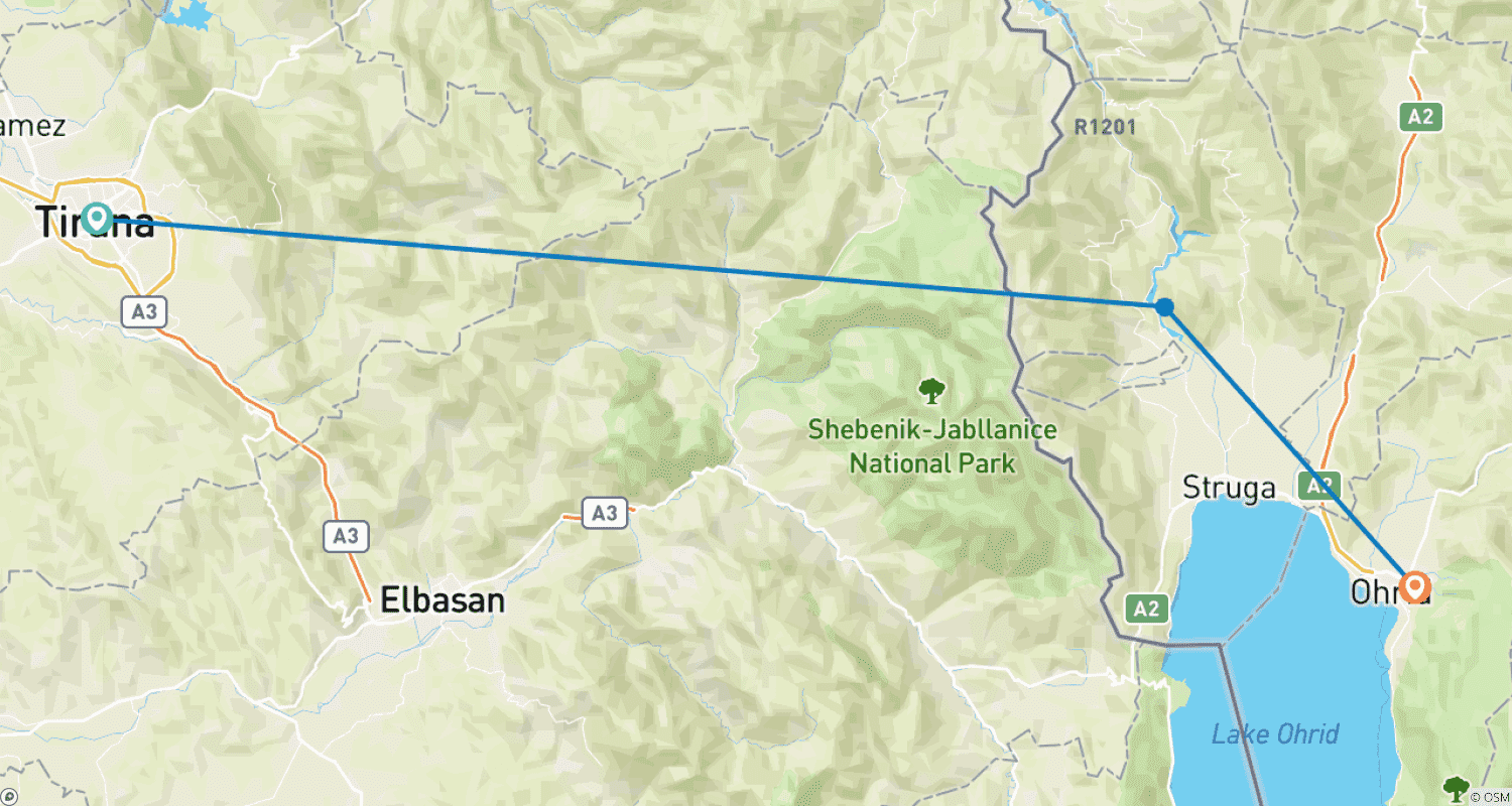 Mapa do percurso de De Tirana, Excursão de um dia: Sítio UNESCO Lago Ohrid e Mosteiro de São Naum