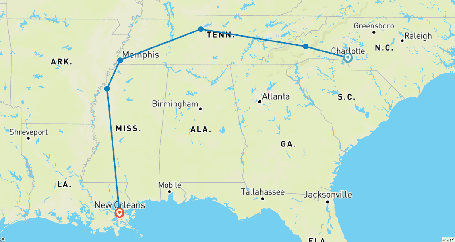 Mapa trasy: Głębokie Południe USA - Country i Blues