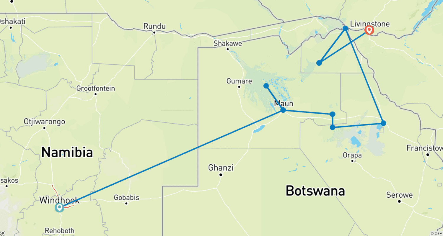 Mapa trasy: 8-dniowa Delta Okawango i Ekspres Chobe (Z zakwaterowaniem)