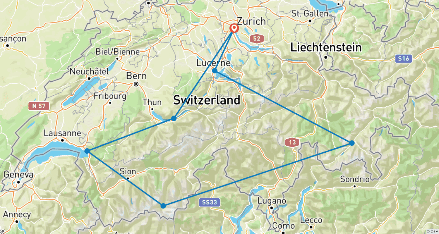 Mapa trasy: Trasy w Alpach Szwajcarskich: Bernina i Glacier Express