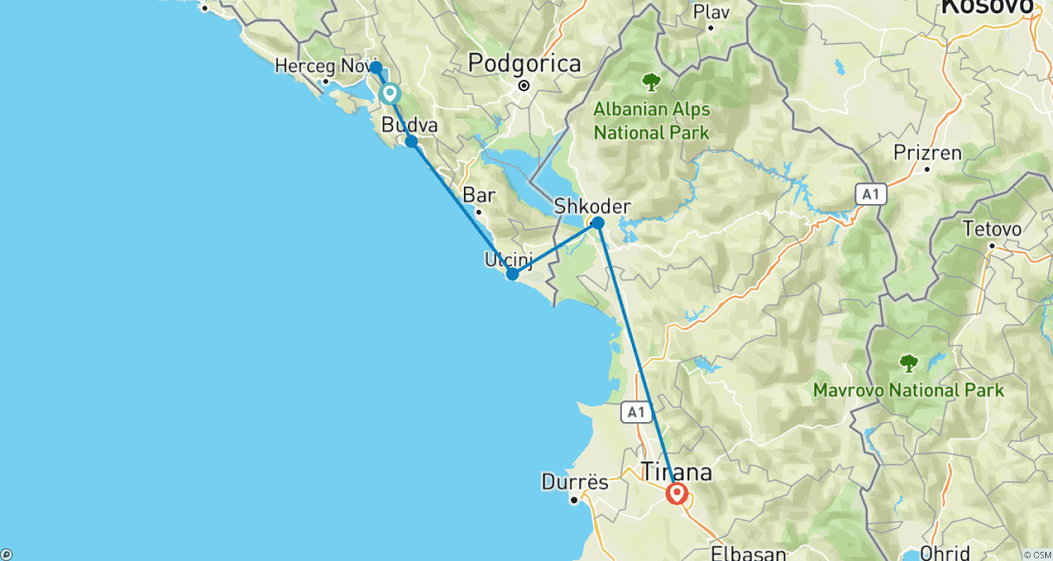 Mapa do percurso de De Tirana, 2 Dias: Budva – Kotor