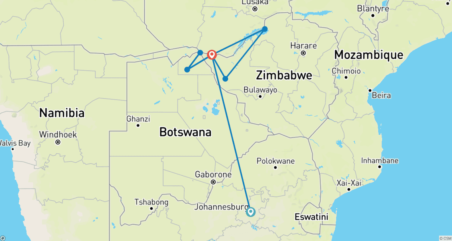 Wilderness of Southern Africa: Safari by Land & Water  (Johannesburg to Victoria Falls) (2026)のルートマップ