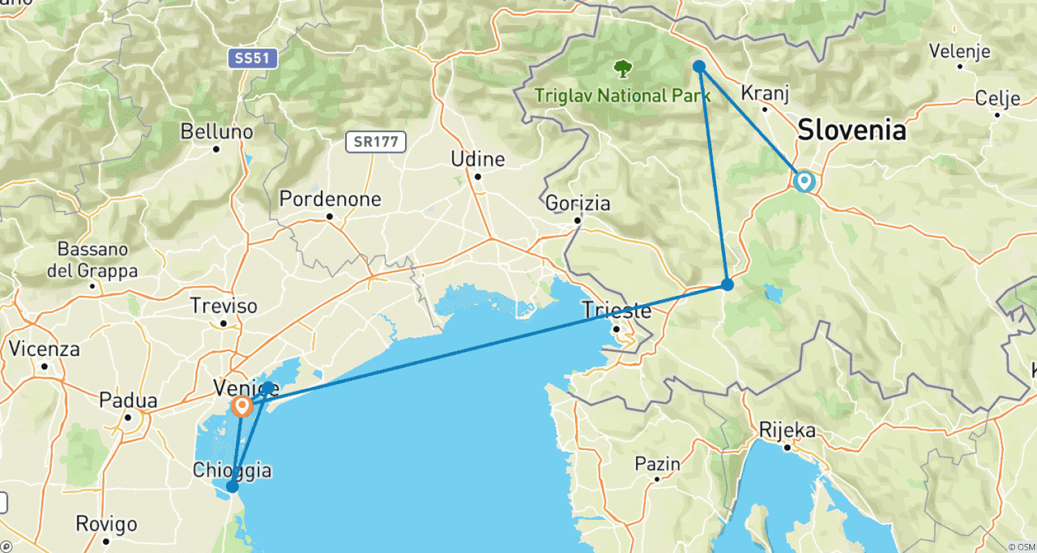Mapa do percurso de Slovenia, Venice & the Jewels of Veneto (2026) (Ljubljana to Venice, 2026)