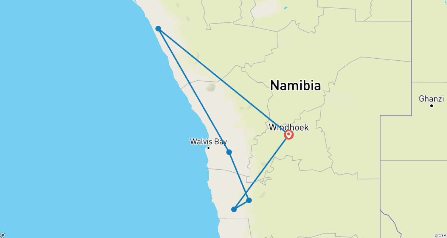 Mapa do percurso de 10-Day Luxury Namibia Desert and Safari