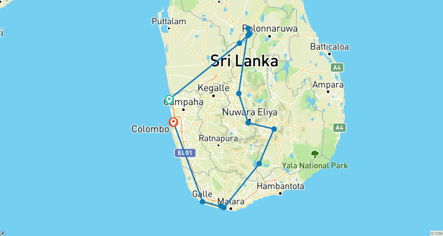 Mapa do percurso de Aventura Mochileira no Sri Lanka – Tour de 12 Dias em Grupo Pequeno e Econômico