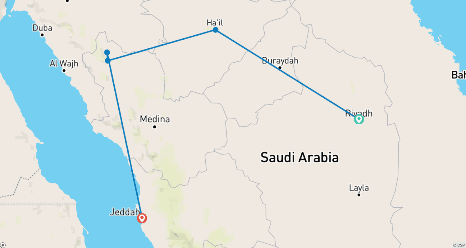 Saudi Arabia Round Trip 11 Days: Mysterious Kingdomのルートマップ