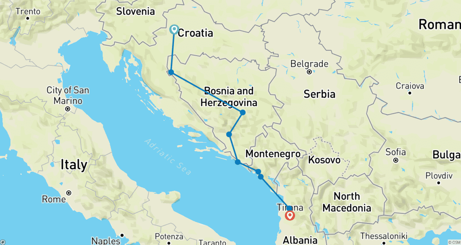 10 days  9 nights Balkan sightseeing experience | Memorable tourのルートマップ
